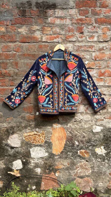 Womens Navy Blue Velvet Embroidered Jacket with Floral Design